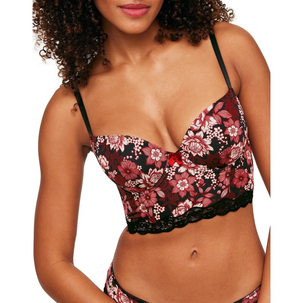 Adore Me Burgundy Floral Longline Bra with Black Lace